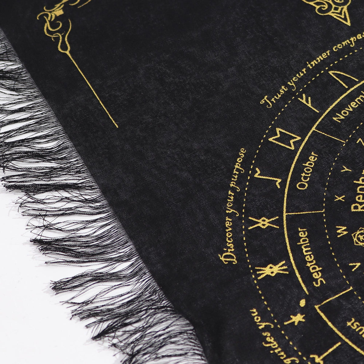 Black fabric with gold astrological symbols and text on a white background