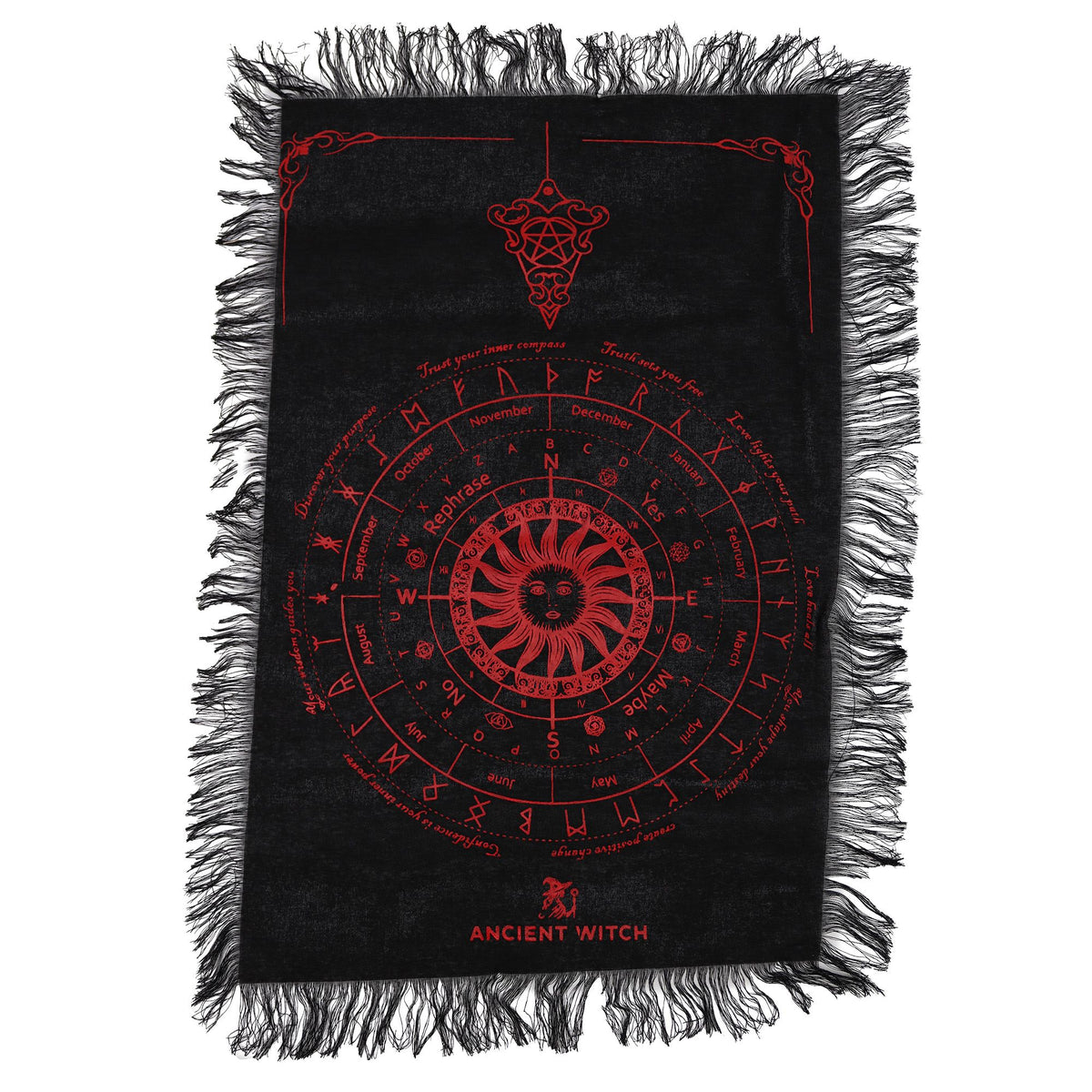 Black cloth with red astrological design and 'Ancient Witch' branding on a white background