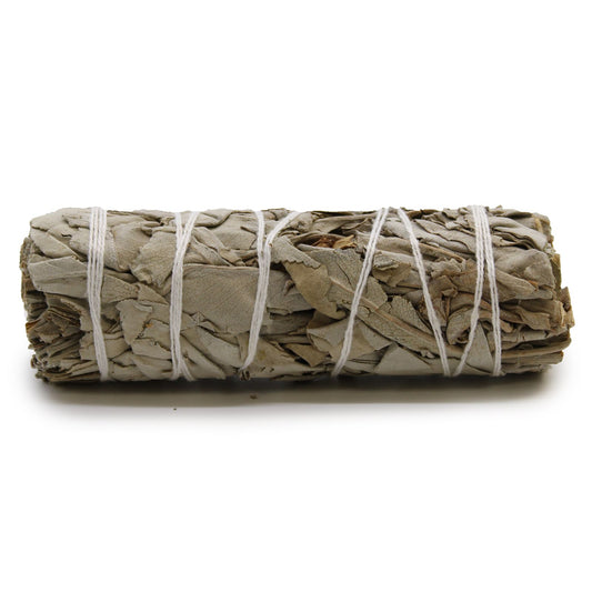 A smudge stick bundle of sage leaves tied together, traditionally used in rituals of purification and cleansing, fragranced with White Sage