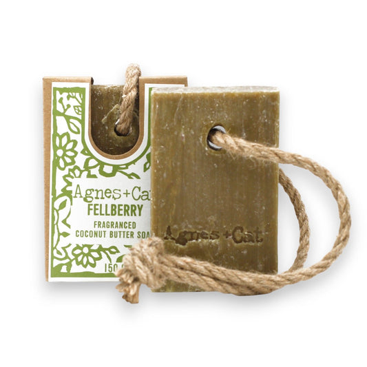 Fellberry Coconut butter soap with a rope and Agnes & Cat packaging on a white background