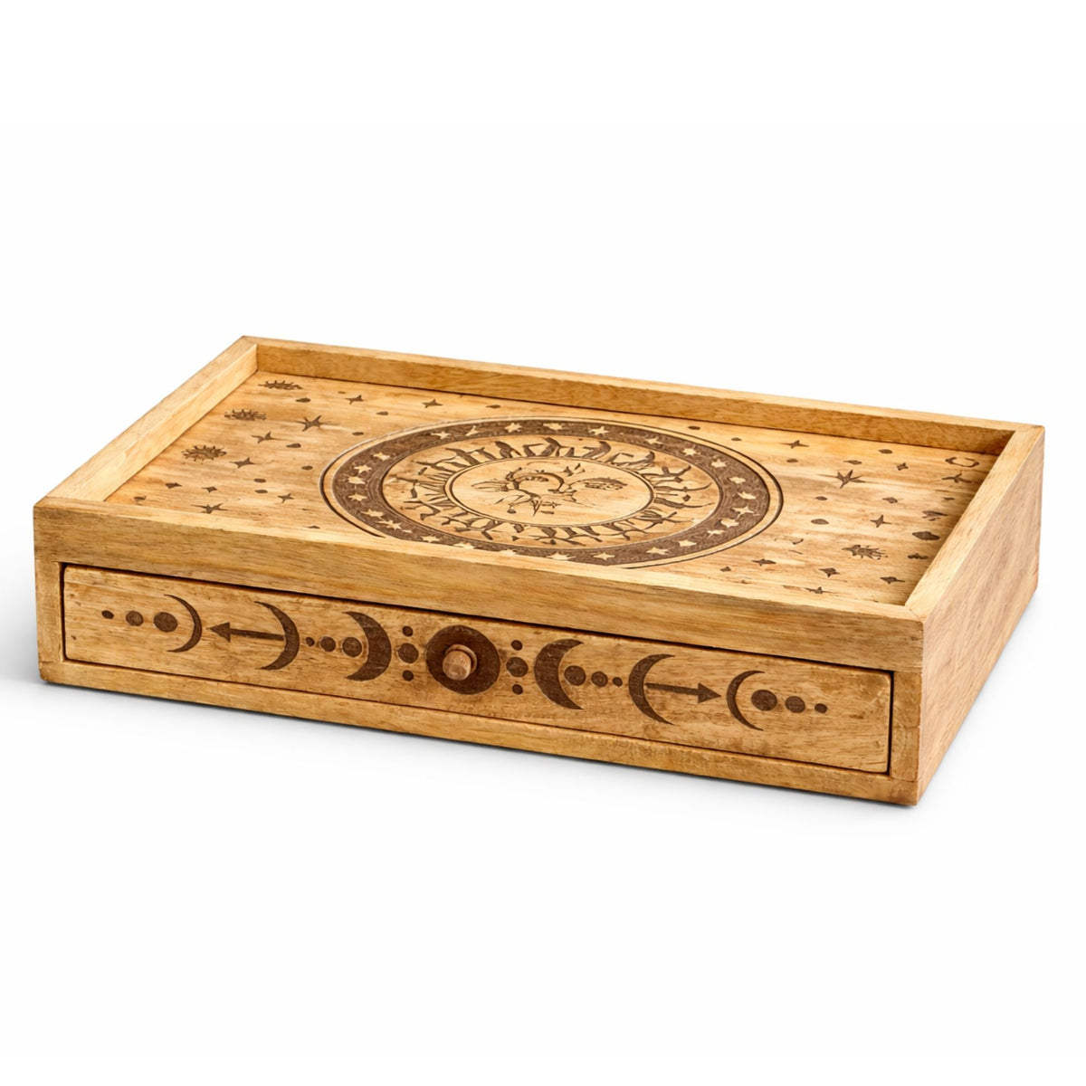 Wooden tray with engraved design on a white background