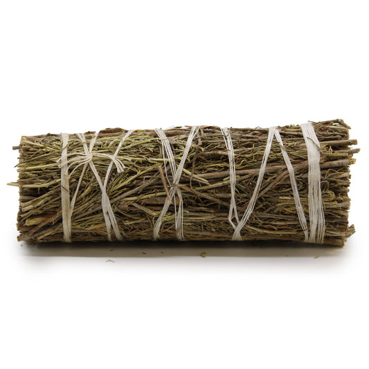 A smudge stick bundle of sage leaves tied together, traditionally used in rituals of purification and cleansing, fragranced with Desert Sage