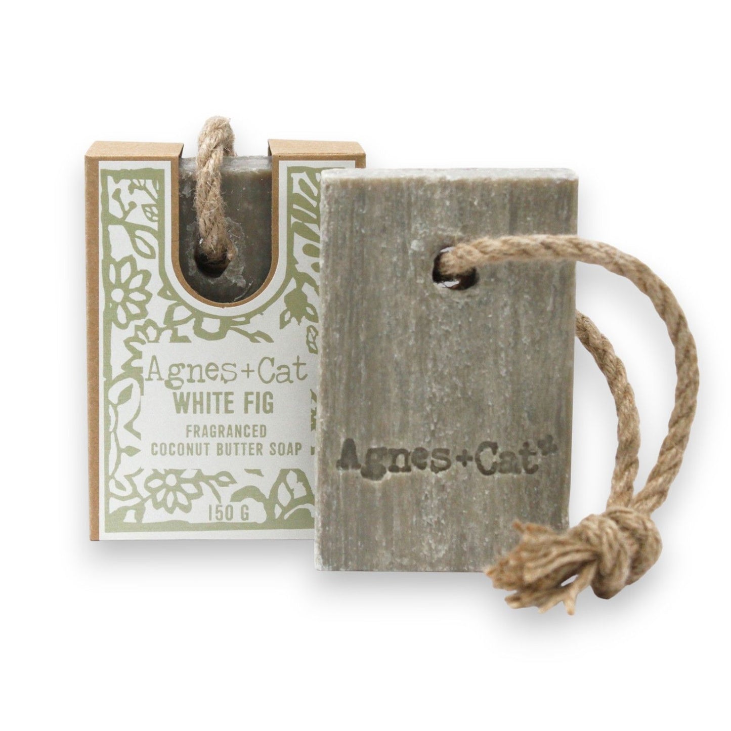 Agnes + Cat  White Fig soap on a rope with packaging on a white background