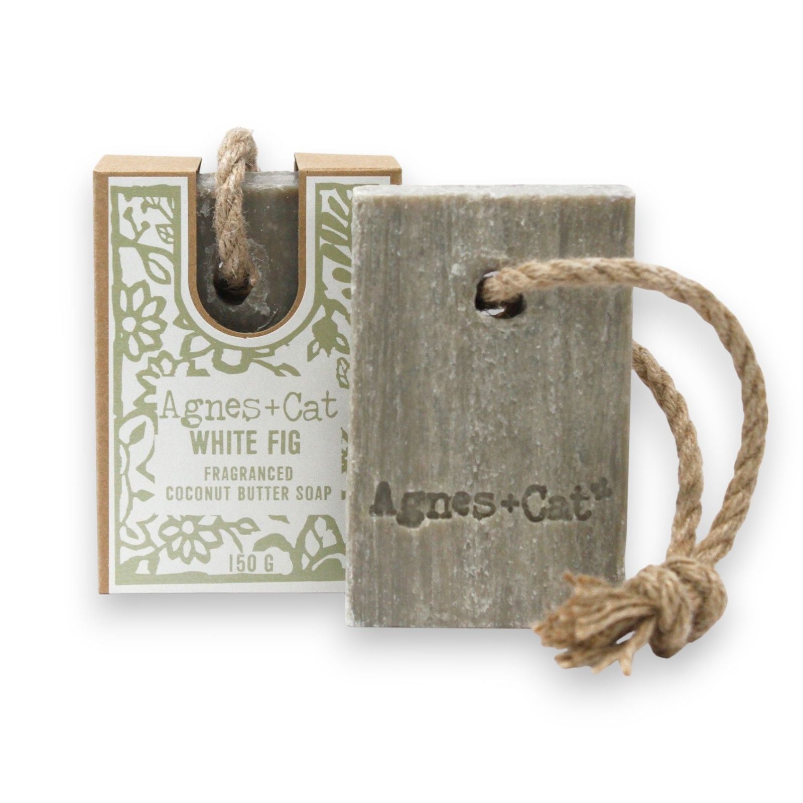 Agnes + Cat  White Fig soap on a rope with packaging on a white background