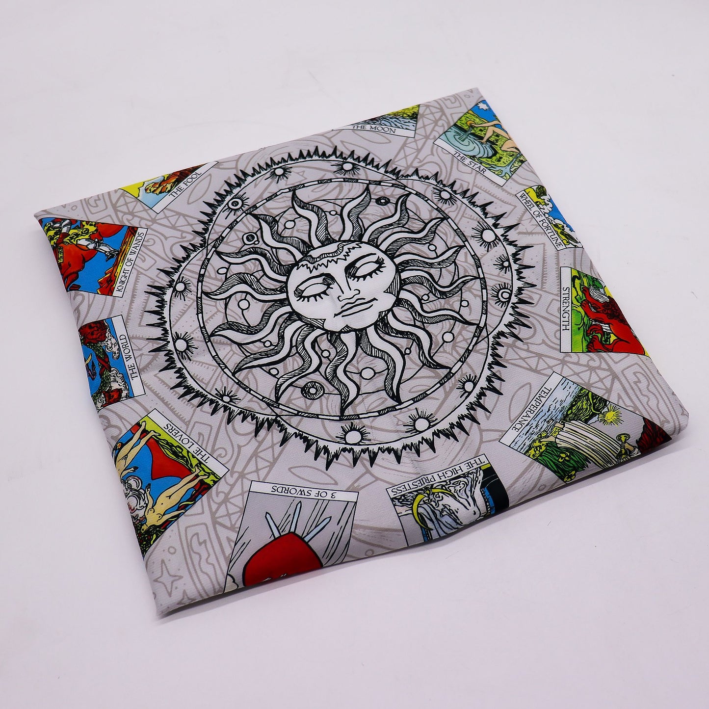 Tree of Life Tarot Cloth shwin tarot cards on a grey background