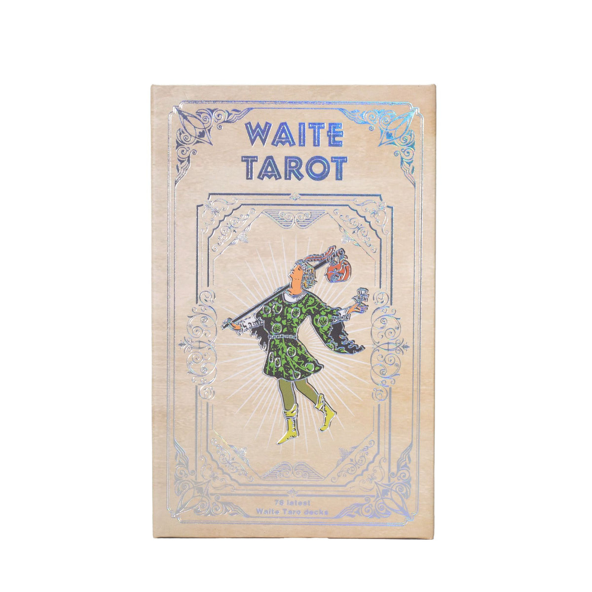 A Waite Tarot deck box shown upright against a plain white background. The box has a beige cover with blue ornamental border details and an illustration of a figure in green and yellow holding a sword and a cup.