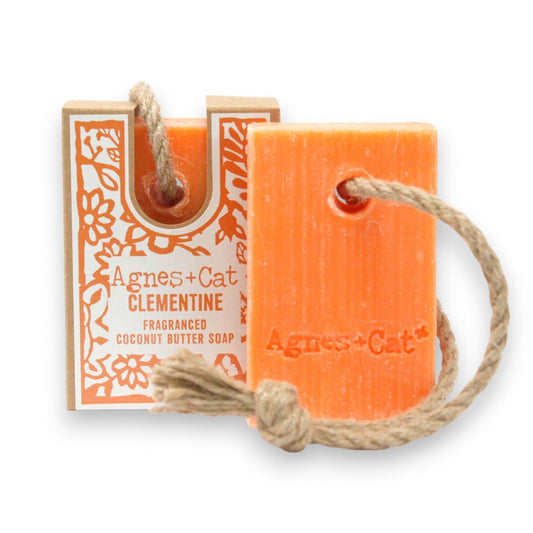 Clementine Orange soap bar with 'Agnes + Cat' branding on a white background