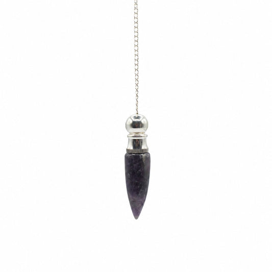 A silver pendulum weight made of polished dark purple amethyst, hanging from a silver chain against a plain white background.