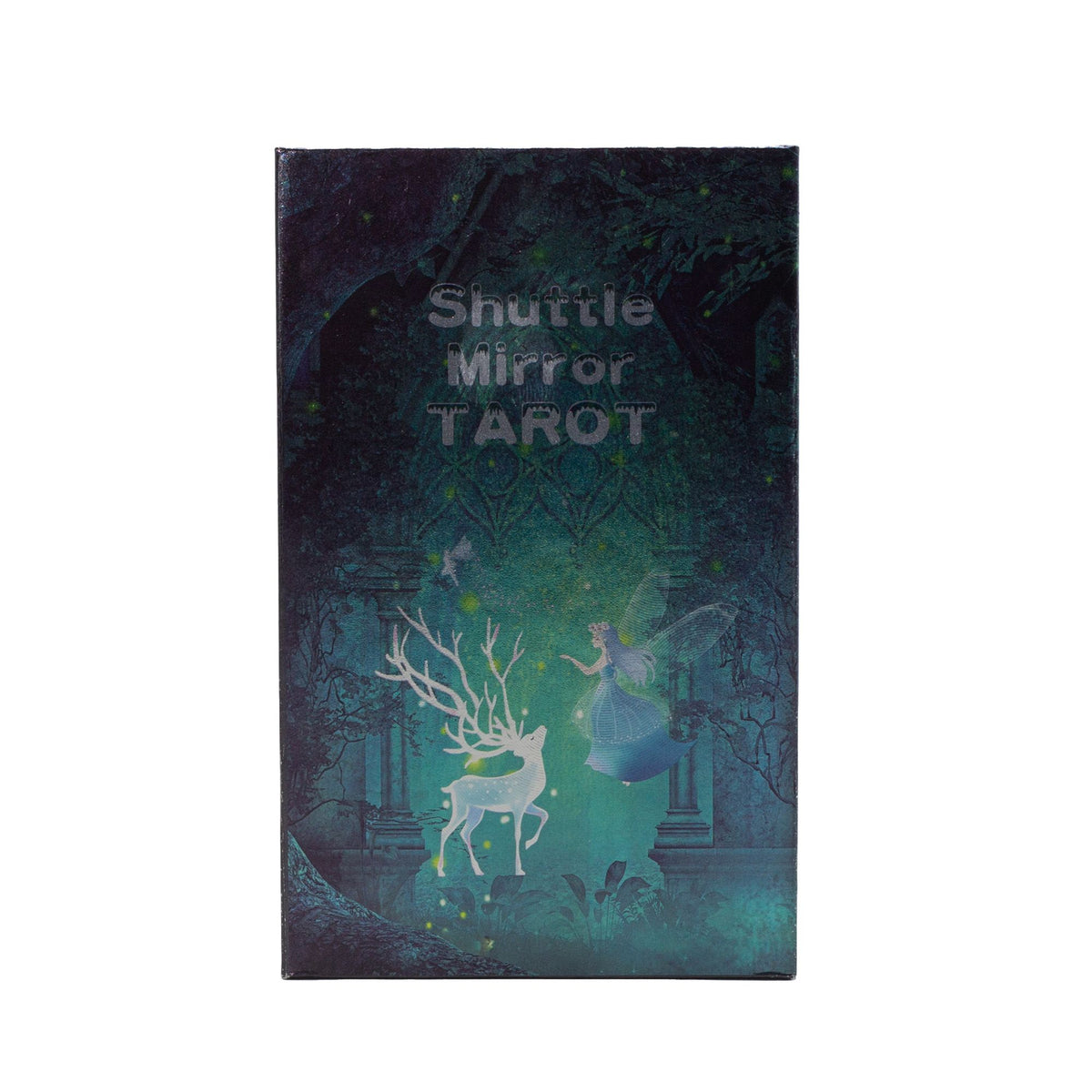 The product packaging for the 'Shuttle Mirror Tarot' deck, featuring a dark, mystical forest illustration with a white stag and a blue fairy under a glowing green mist.