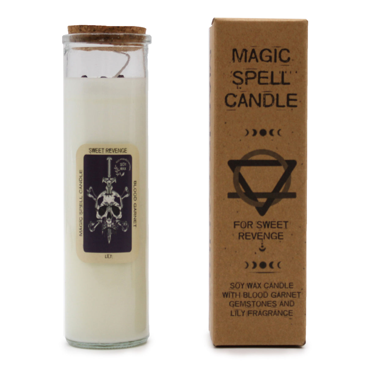 Magic spell candle with label and packaging on a white background