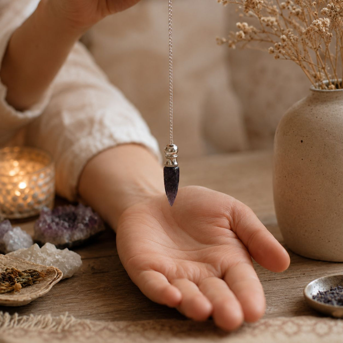 Hand holding a pendant with a blurred background of a candle, vase, and dried plants.