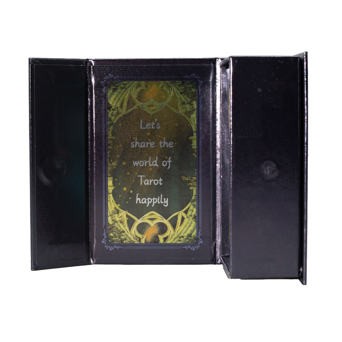 A black metal folding card holder or book shown open against a white background, featuring a central printed insert with a dark green and gold tarot-themed design and the text 'Let's share the world of Tarot happily'.
