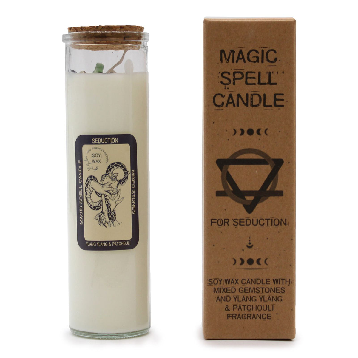 Magic spell candle with packaging on a white background