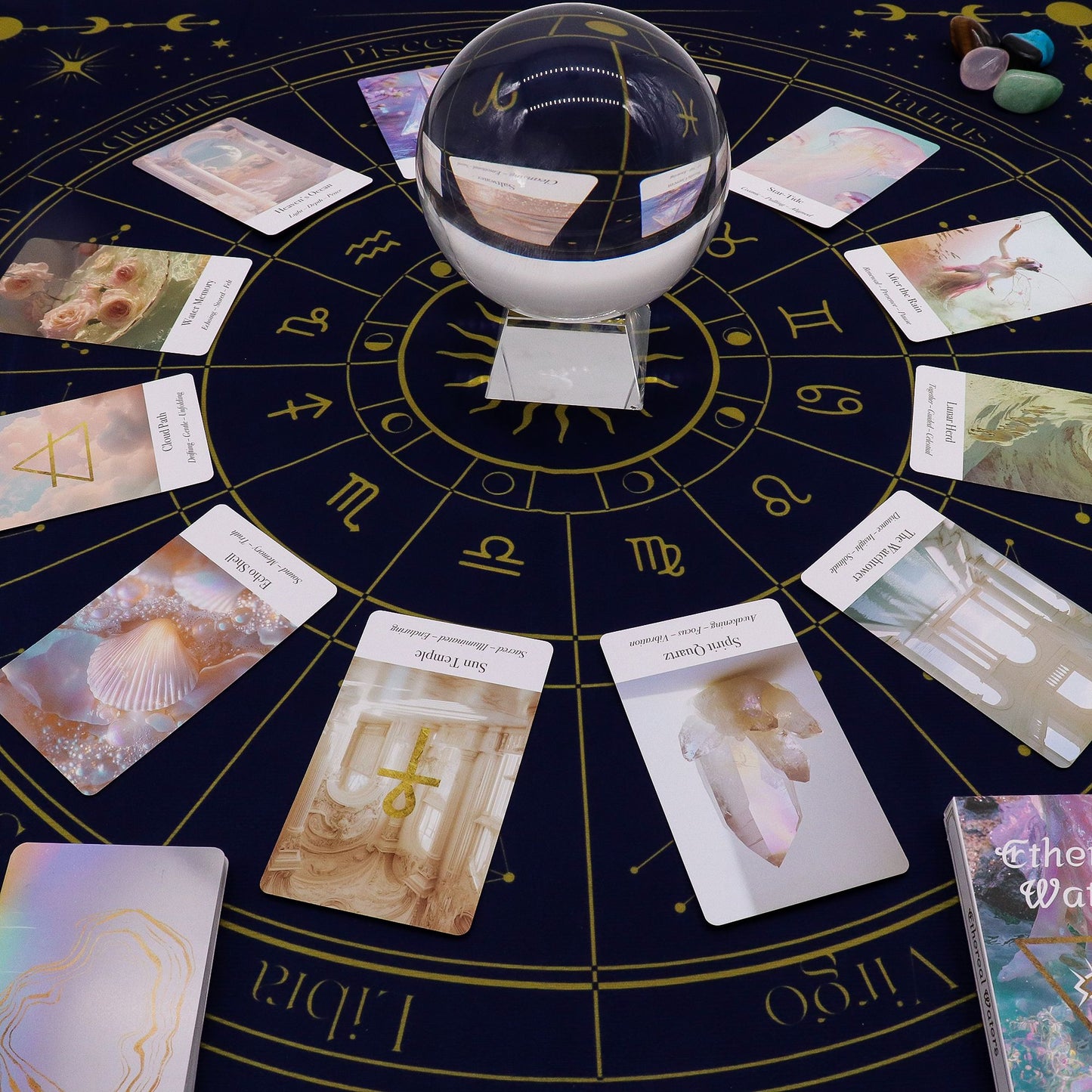 Crystal ball on a tarot card reading with astrological symbols