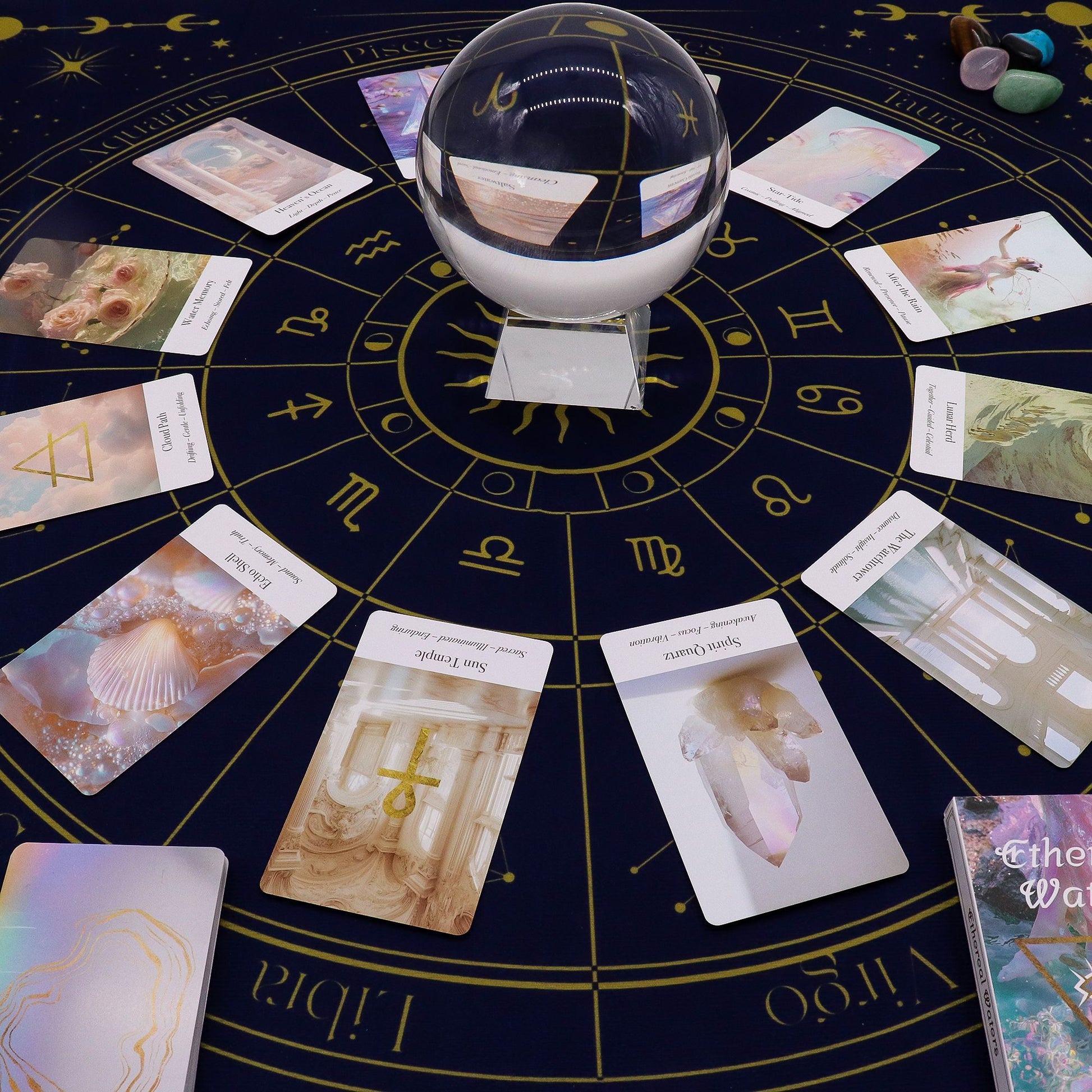Crystal ball on a tarot card reading with astrological symbols