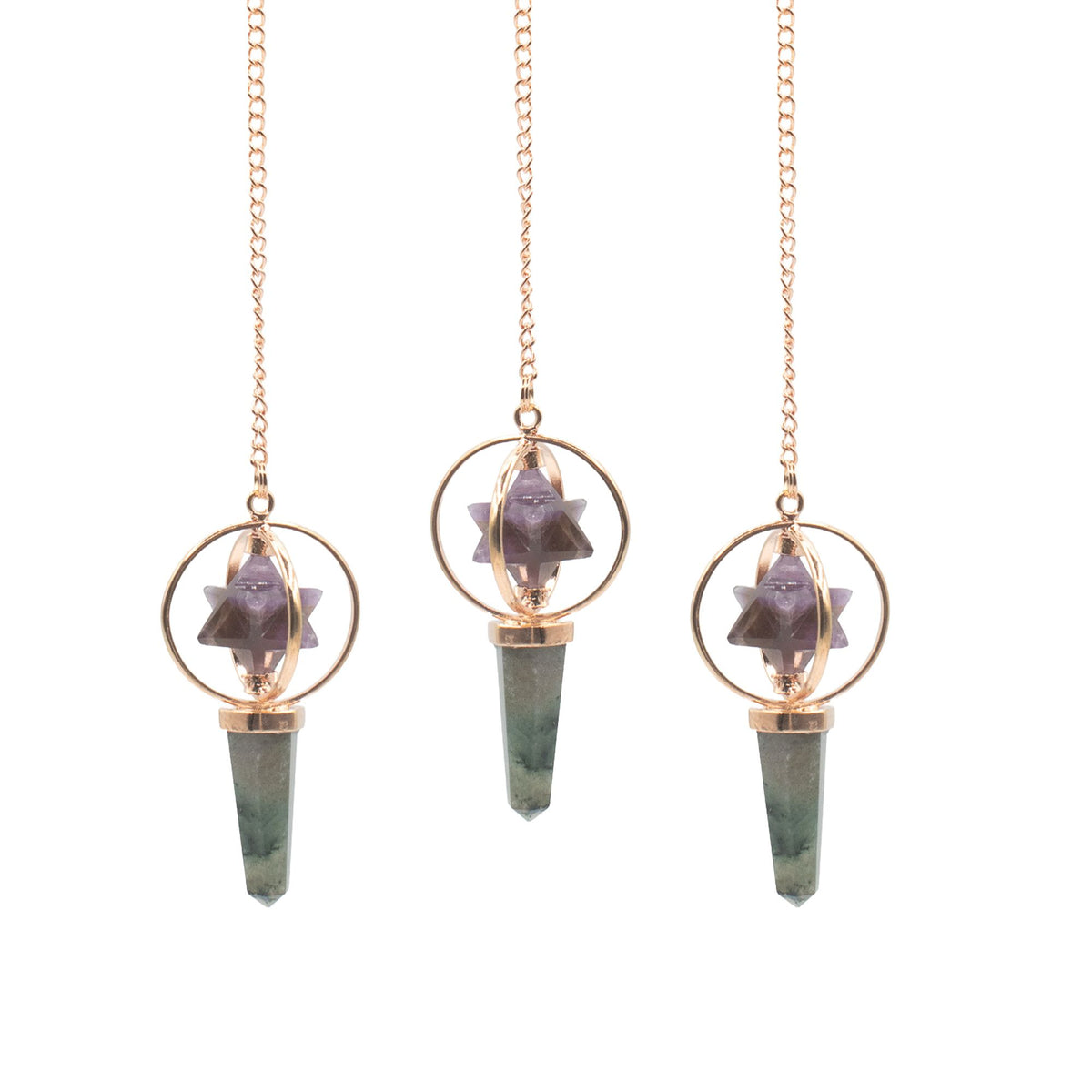 Three crystalpendulum necklaces with green stones and star-shaped tops on a white background