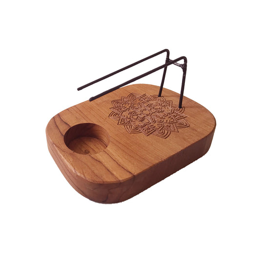 Mandala design Palo Santo Heater, handcrafted from premium teak wood in Indonesia with metal supports for a smudge stick and an indentation for a tea light