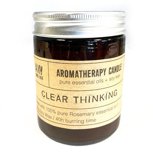 Aromatherapy candle labeled 'Clear Thinking' with a white background