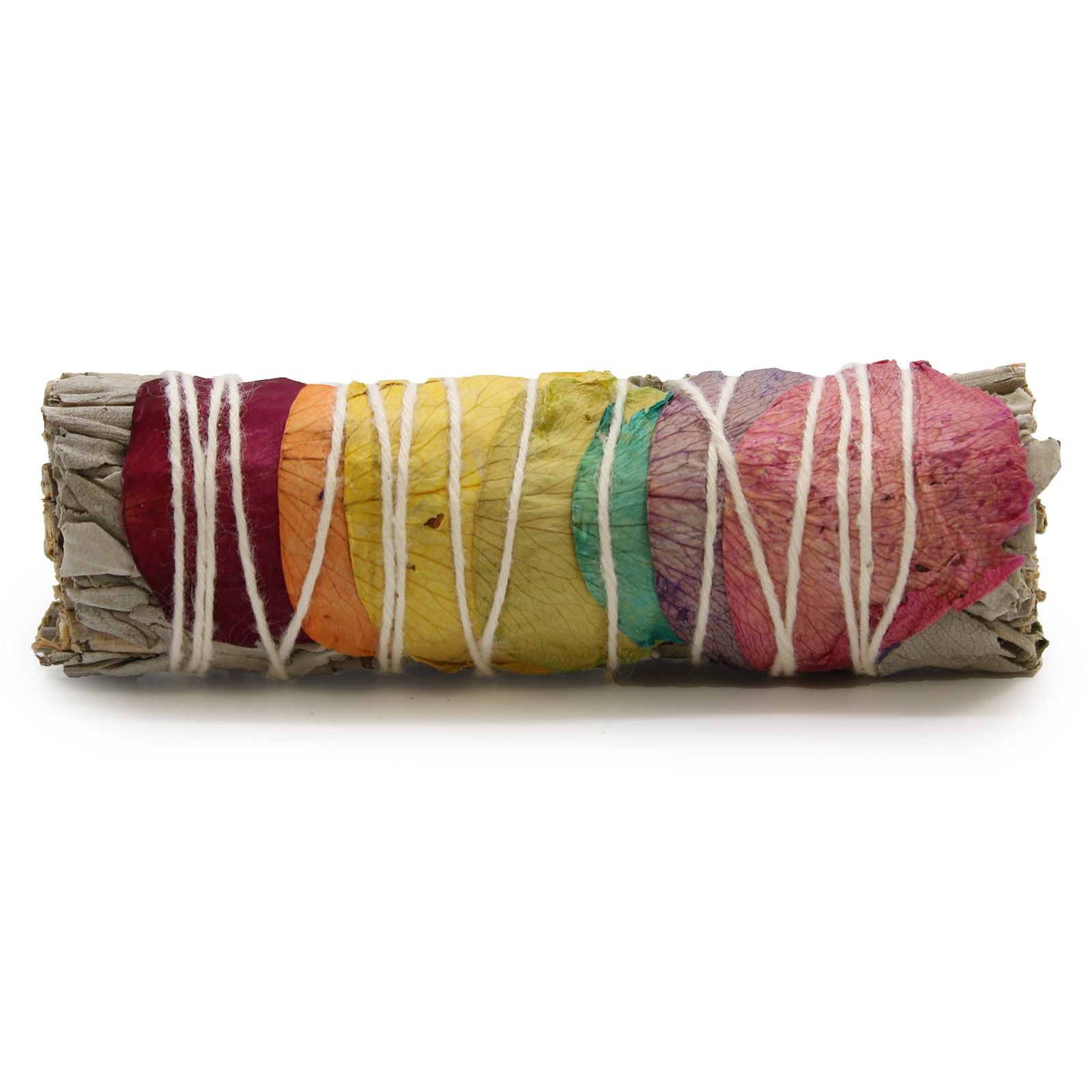 A smudge stick bundle of sage leaves tied together, traditionally used in rituals of purification and cleansing, fragranced with delicate rose petals aligned to all seven chakras