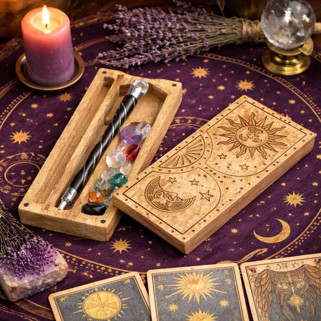 Wooden box with tarot cards, crystals, and a candle on a purple cloth with star and moon designs.