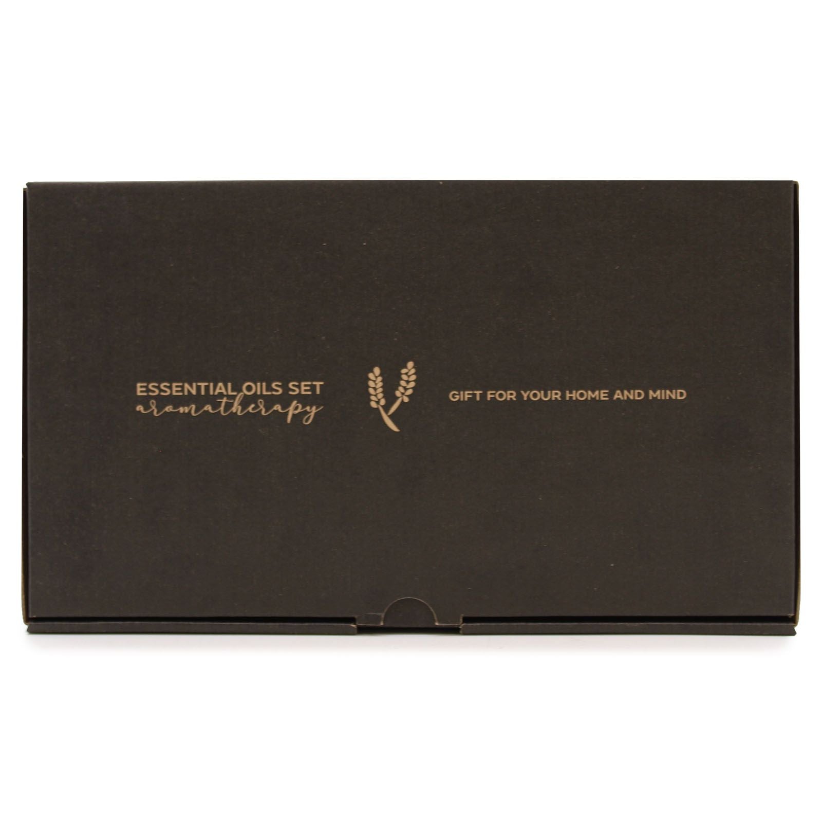Black box with gold text and logo for essential oils set on a white background
