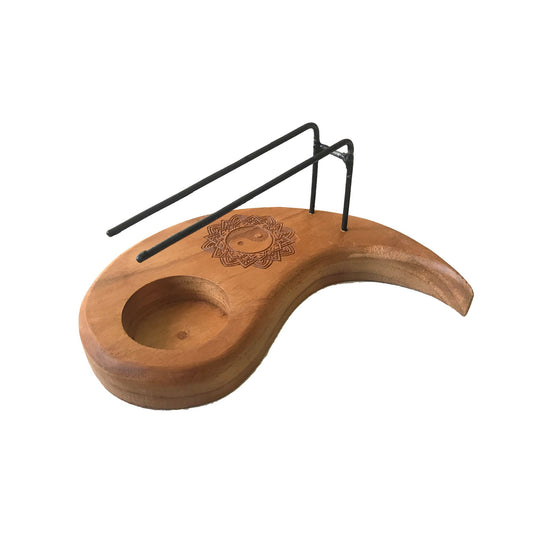 Ying Yang design Palo Santo Heater.  Palo Santo Heaters  are handcrafted  from premium teak wood in a tear drop shape with metal supports for a smudge stick and an indentation for a tea light