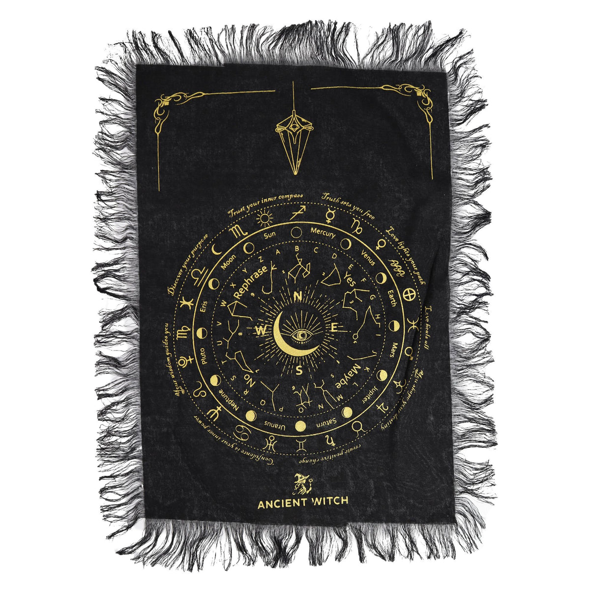 Black divination cloth with gold astrological design and 'Ancient Witch' branding