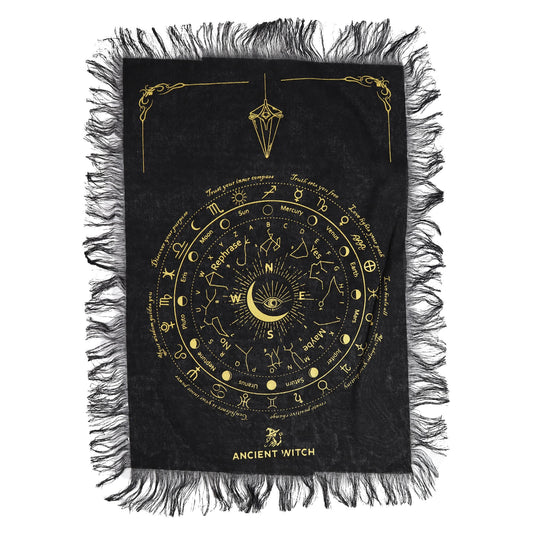 Black divination cloth with gold astrological design and 'Ancient Witch' branding