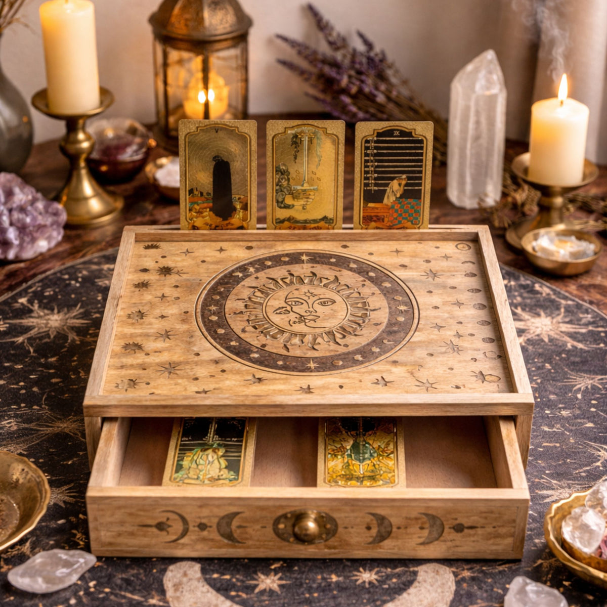 A wooden tarot card storage box with an open drawer and three standing tarot cards, styled on a starry fabric surface with candles, crystals, and lanterns in the background.