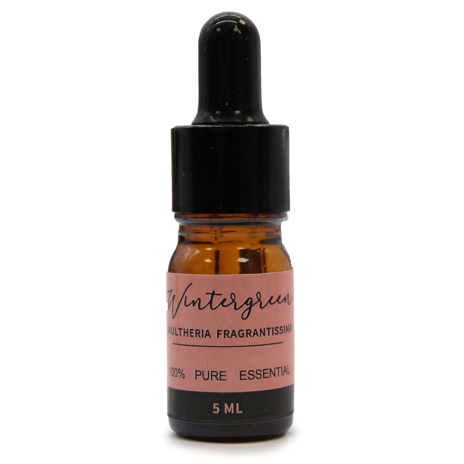 Small Wintergreen essential oil dropper bottle with a pink label on a white background