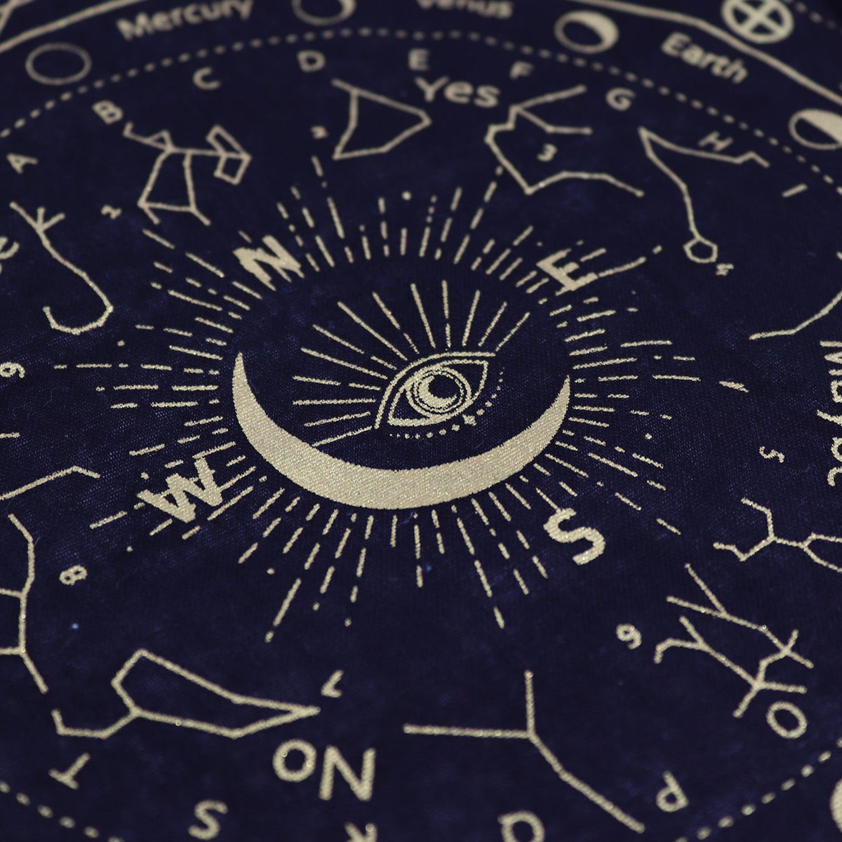 Decorative design with celestial symbols and an eye in the center on a dark background