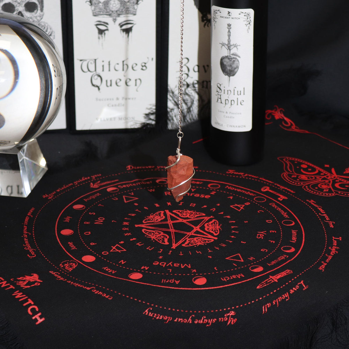 Witchcraft-themed items including a pentagram symbol on a black cloth with red text.