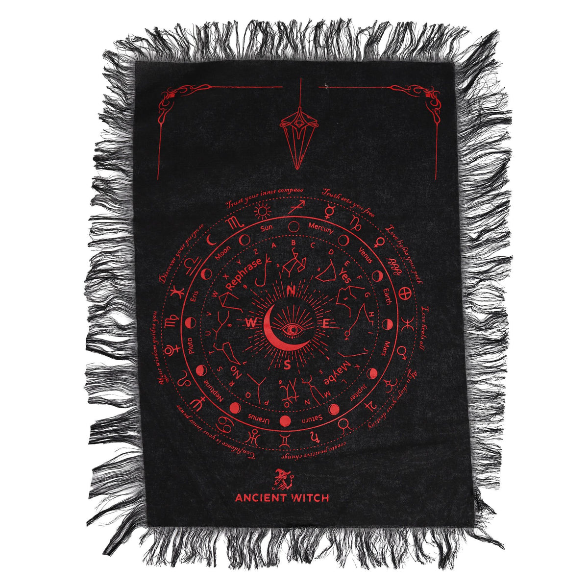 Black divination cloth with red astrological symbols and 'Ancient Witch' branding on a white background