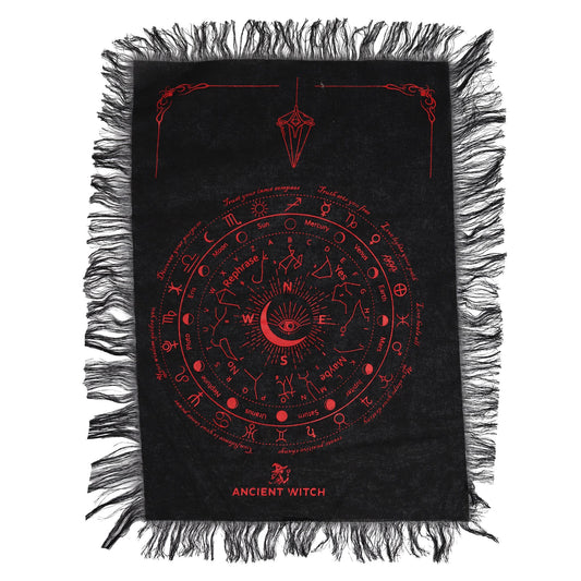 Black divination cloth with red astrological symbols and 'Ancient Witch' branding on a white background