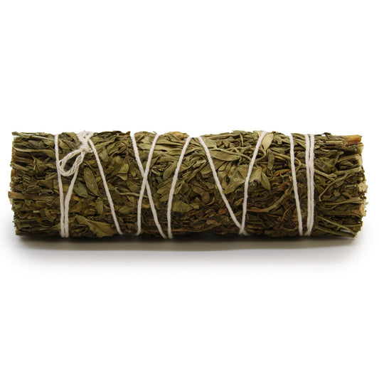 A  smudge stick bundle of sage leaves tied together, traditionally used in rituals of purification and cleansing fragranced with ruda sage 