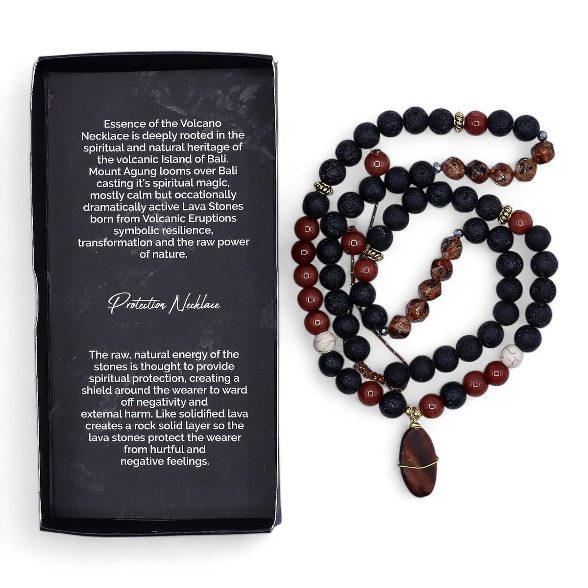 Beaded necklace with dark and red beads next to a black box with text on a white background