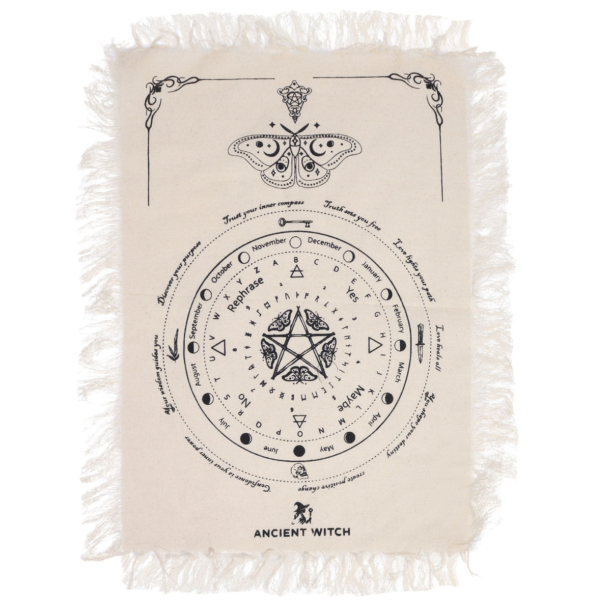 Decorative cloth with black geometric design and 'Ancient Witch' branding on a white background