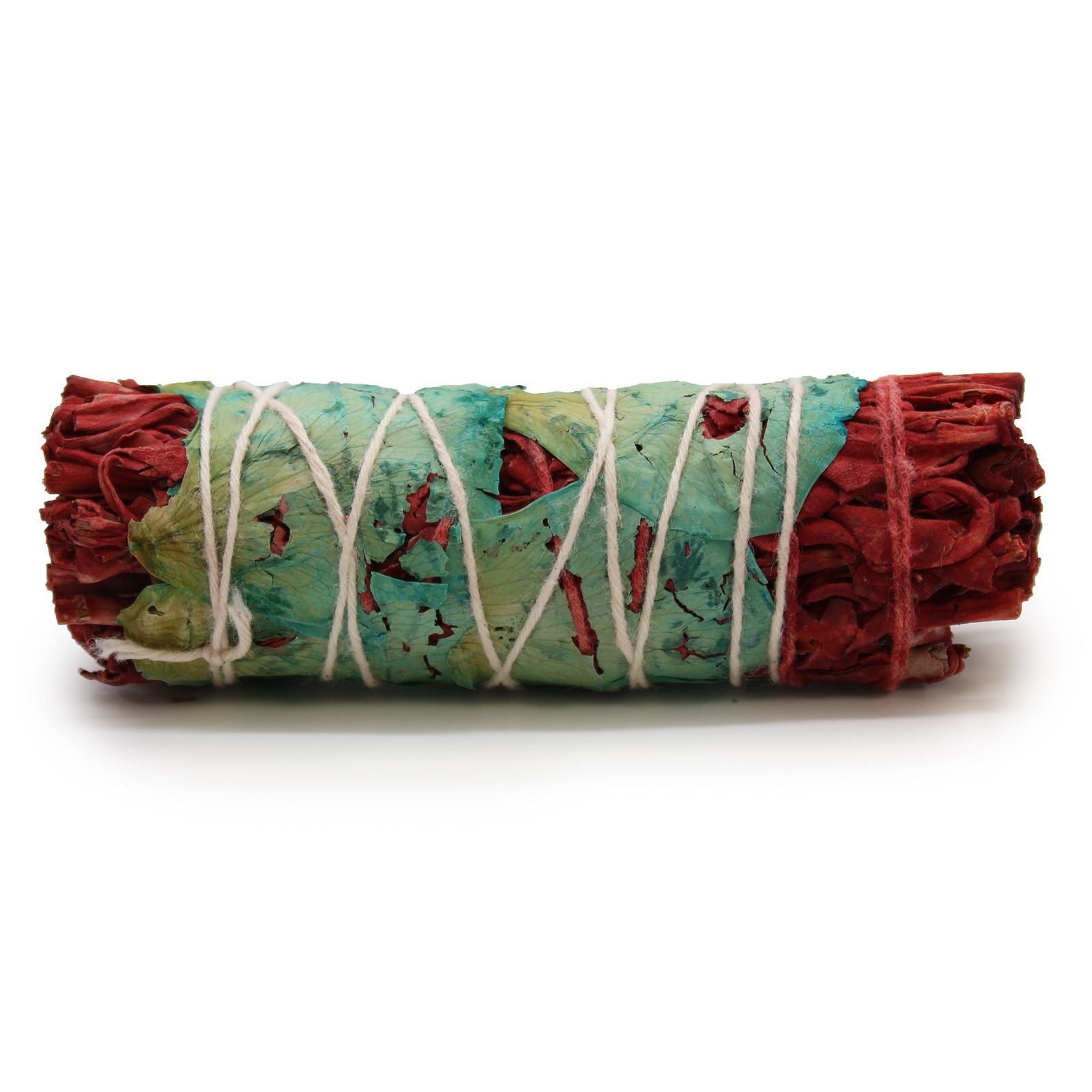 A smudge stick bundle of sage leaves tied together, traditionally used in rituals of purification and cleansing, fragranced with Dragons Blood Floral