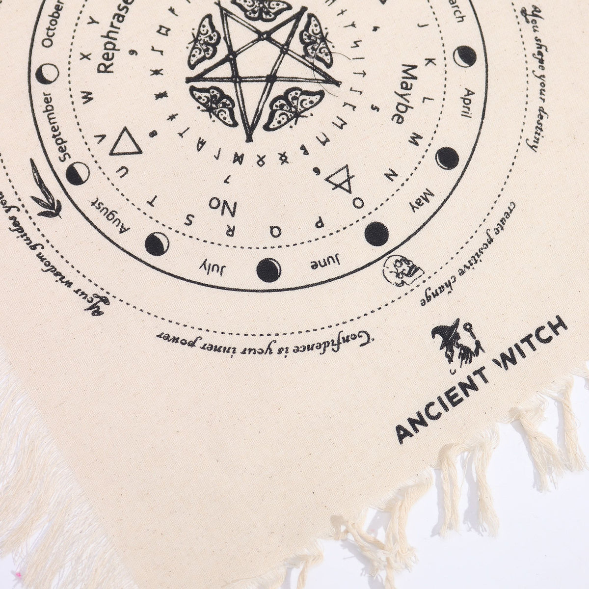 Decorativecloth with a pentagram design and 'Ancient Witch' branding on a beige background.