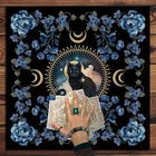 A square decorative artwork featuring a central black bird with a white chest and green jewel, surrounded by blue crescent moons and floral motifs on a dark background.