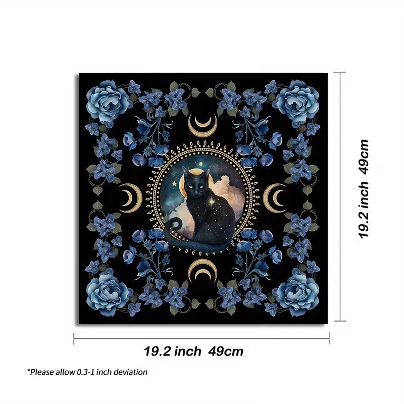 Square wall art print featuring a black cat in a circular celestial frame surrounded by blue flowers and gold crescent moons on a black background, shown with dimension labels of 19.2 inch by 19.